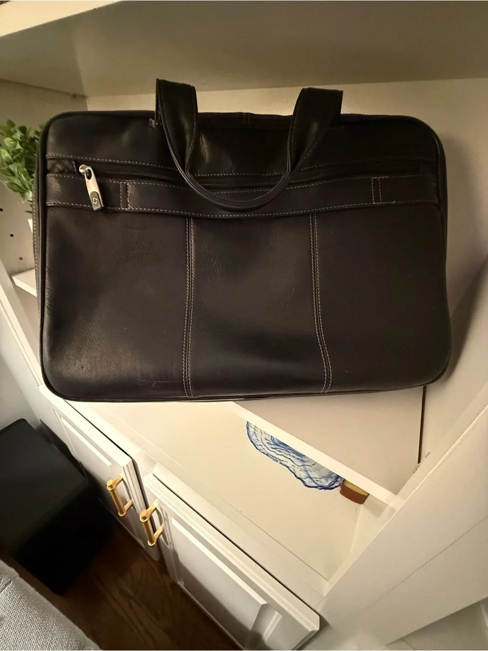 Samsonite Black Genuine Leather Laptop Briefcase Business Messenger Bag 16.5”